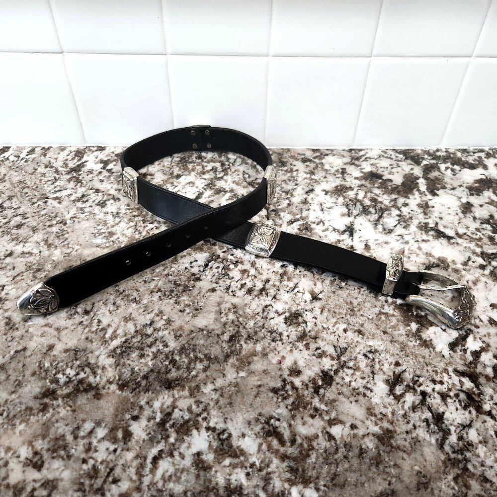 Brighton Concho Silver Plate and Black Leather Belt Size M Vintage made in USA